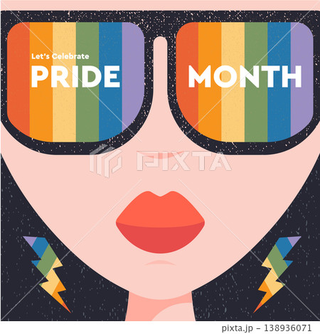 Pride Month rock star girl illustration. Rainbow sunglasses and lightning earrings with Let's Celebrate Pride Month text. Vibrant vector woman character for LGBTQ community diversity events. 138936071