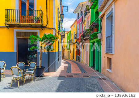 Villajoyosa old town square, narrow pedestrian street, street restaurants Villajoyosa old town square, narrow pedestrian street, street restaurants 138936162