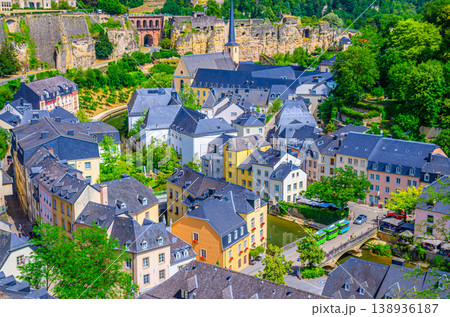Luxembourg City historical centre aerial view with old colorful buildings Luxembourg City historical centre aerial view with old colorful buildings 138936187