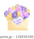 A bouquet of crocuses in a postal envelope on a white background. The concept of spring, International Women's Day, Mother's Day, and birthday. Isolated vector illustration 138936380