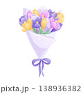 A bouquet of crocuses wrapped in wrapping paper and tied with a ribbon with a bow on a white background. The concept of International Women's Day, Mother's Day, birthday. Isolated vector illustration 138936382