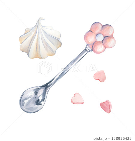 A pink teaspoon with a flower, meringue or marshmallow, and sweet sprinkles with hand-drawn hearts. A watercolor set for a romantic morning tea for breakfast.Isolated vintage illustrations for design. A pink teaspoon with a flower, meringue or marshmallow, and sweet sprinkles with hand-drawn hearts. A watercolor set for a romantic morning tea for breakfast.Isolated vintage illustrations for design. 138936423