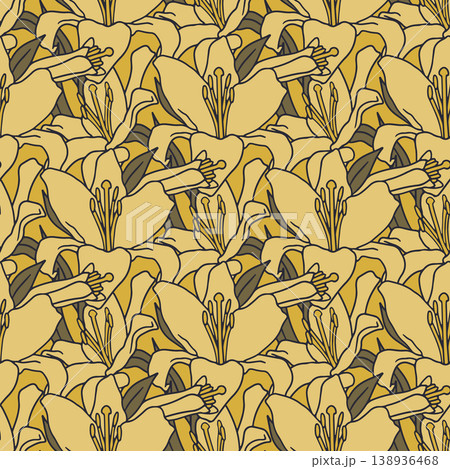 Hand drawn yellow line art lily flowers vintage seamless pattern. Boho floral repeat wallpaper 138936468