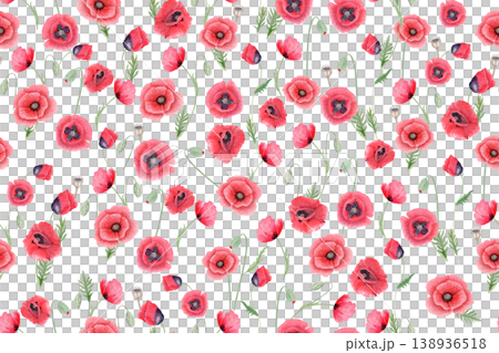 Watercolor red poppy seamless pattern with dense floral arrangement, botanical wildflower background isolated on white for fabric, textile, packaging, wallpaper, wrapping paper and design set use 138936518