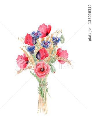 Wildflower watercolor bouquet with red poppy, cornflower and wheat, rustic floral arrangement isolated on white ideal for wedding, greeting cards, design, print, packaging, invitations and decor use 138936519