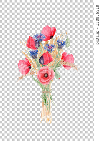 Wildflower watercolor bouquet with red poppy, cornflower and wheat, rustic floral arrangement isolated on white ideal for wedding, greeting cards, design, print, packaging, invitations and decor use 138936519