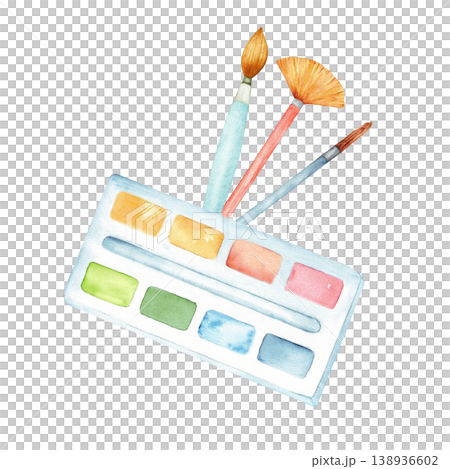 Watercolor brushes and palette isolated on transparent background for graphic design and craft assets for stickers cards and banners. Hand drawn Watercolor brushes and palette isolated on transparent background for graphic design and craft assets for stickers cards and banners. Hand drawn 138936602