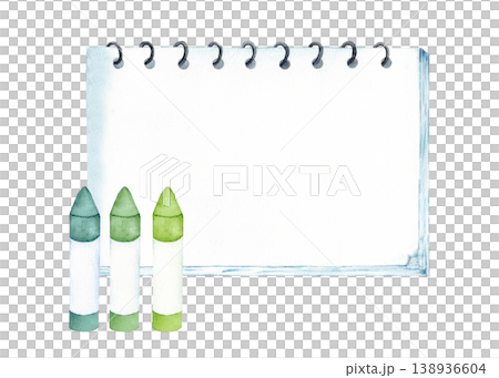 Watercolor spiral notebook with three green crayons on dark black background for stationery card and note template. Back to school. Education concept. Hand drawn. Kids Art Supplies. Copy space Watercolor spiral notebook with three green crayons on dark black background for stationery card and note template. Back to school. Education concept. Hand drawn. Kids Art Supplies. Copy space 138936604