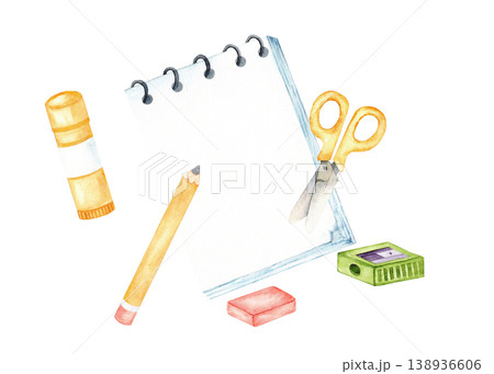 Watercolor stationery set with spiral notebook pencil scissors glue eraser and sharpener on transparent background for school design and banner. Back to school. Isolated. Hand drawn. Kids Art Supplies 138936606