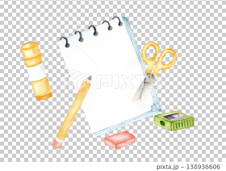 Watercolor stationery set with spiral notebook pencil scissors glue eraser and sharpener on transparent background for school design and banner. Back to school. Isolated. Hand drawn. Kids Art Supplies 138936606