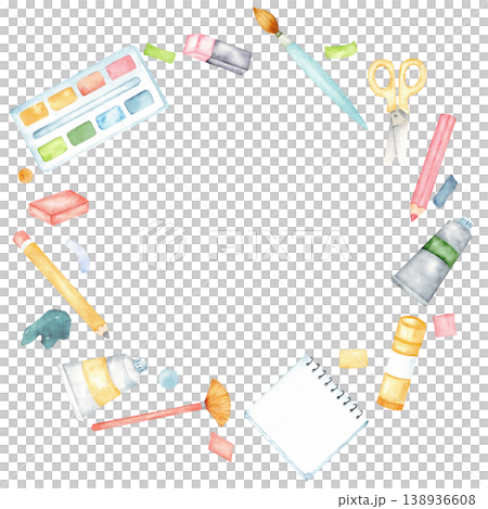Round watercolor art supplies frame for kids with paint brushes pencils scissors and palette for invitations background poster and craft design. Free space for text. Back to school. Hand drawn Round watercolor art supplies frame for kids with paint brushes pencils scissors and palette for invitations background poster and craft design. Free space for text. Back to school. Hand drawn 138936608