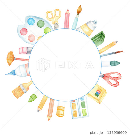 Round watercolor art supplies template for kids with paint brushes pencils scissors and palette for invitations background poster and craft design. Copy space. Back to school. Hand drawn Round watercolor art supplies template for kids with paint brushes pencils scissors and palette for invitations background poster and craft design. Copy space. Back to school. Hand drawn 138936609