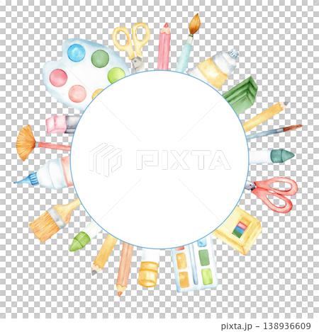 Round watercolor art supplies template for kids with paint brushes pencils scissors and palette for invitations background poster and craft design. Copy space. Back to school. Hand drawn Round watercolor art supplies template for kids with paint brushes pencils scissors and palette for invitations background poster and craft design. Copy space. Back to school. Hand drawn 138936609