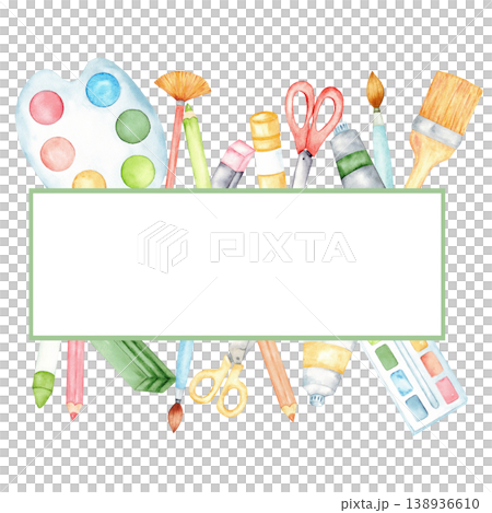 Transparent watercolor art supplies frame template for kids with paint palette brushes pencils and scissors for banner label background and printable png design. Back to school. Copy space Transparent watercolor art supplies frame template for kids with paint palette brushes pencils and scissors for banner label background and printable png design. Back to school. Copy space 138936610