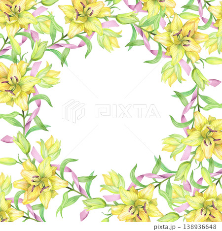 Square frame of the liles and pink ribbons. Handmade watercolor illustration. For packaging design, cards, cover, prints, product labels and fabric. 138936648