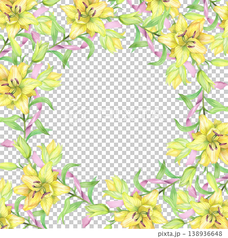 Square frame of the liles and pink ribbons. Handmade watercolor illustration. For packaging design, cards, cover, prints, product labels and fabric. 138936648