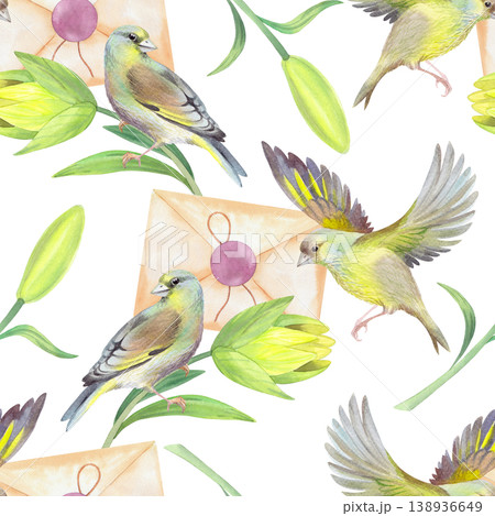 Seamless pattern of the bird sitting on the lily and flying bird with the envelope. Handmade watercolor illustration. For packaging design, cards, cover, prints, product labels and fabric. Seamless pattern of the bird sitting on the lily and flying bird with the envelope. Handmade watercolor illustration. For packaging design, cards, cover, prints, product labels and fabric. 138936649