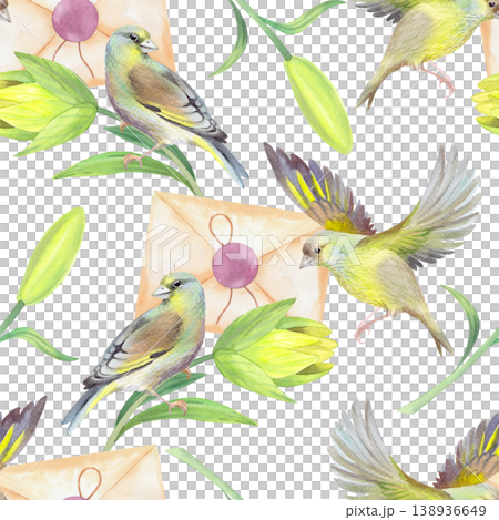 Seamless pattern of the bird sitting on the lily and flying bird with the envelope. Handmade watercolor illustration. For packaging design, cards, cover, prints, product labels and fabric. Seamless pattern of the bird sitting on the lily and flying bird with the envelope. Handmade watercolor illustration. For packaging design, cards, cover, prints, product labels and fabric. 138936649