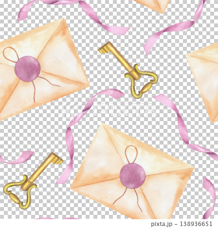 Seamless pattern of envelope, vintage key and pink ribbon. Handmade watercolor illustration. For packaging design, cards, cover, prints, product labels and fabric. Seamless pattern of envelope, vintage key and pink ribbon. Handmade watercolor illustration. For packaging design, cards, cover, prints, product labels and fabric. 138936651