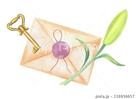 Composition of the envelope, lily and key. Handmade watercolor illustration. For packaging design, cards, cover, prints, product labels and fabric. Composition of the envelope, lily and key. Handmade watercolor illustration. For packaging design, cards, cover, prints, product labels and fabric. 138936657