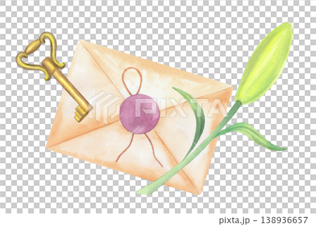 Composition of the envelope, lily and key. Handmade watercolor illustration. For packaging design, cards, cover, prints, product labels and fabric. Composition of the envelope, lily and key. Handmade watercolor illustration. For packaging design, cards, cover, prints, product labels and fabric. 138936657