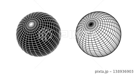 Black and white globe figures with wireframes in angled position. Orb models, spherical shapes, mesh balls. Earth sphere figures with longitude and latitude lines. Vector graphic illustration 138936903