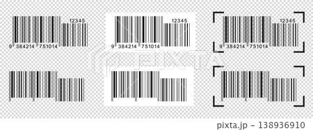 Set of barcode labels with scanner frames. Bar code templates isolated on transparent background. Digital representation with product or manufacturer data information. Vector graphic illustration Set of barcode labels with scanner frames. Bar code templates isolated on transparent background. Digital representation with product or manufacturer data information. Vector graphic illustration 138936910