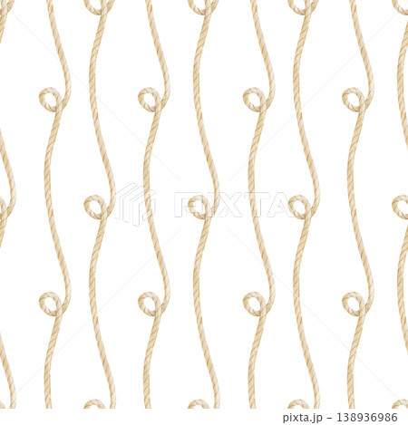 Seamless hand-painted watercolor pattern using twisted beige twine with loops on an isolated background. Seamless hand-painted watercolor pattern using twisted beige twine with loops on an isolated background. 138936986