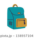 Bright colorful school backpack icon, flat cartoon stylish bag with large pockets. Student and urban everyday carry, back to school vector illustration, isolated colored clipart on white background 138937104