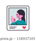 Social media post icon, flat cartoon bright colorful design with girl photo and thumbs up gesture. Like and approval, social network content vector illustration, isolated colored clipart 138937105