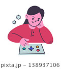 Young girl character sitting with tablet, flat cartoon child learning and playing educational games. Math and school activities, kids digital education vector illustration 138937106