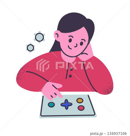 Young girl character sitting with tablet, flat cartoon child learning and playing educational games. Math and school activities, kids digital education vector illustration 138937106