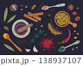 Spices clipart set on dark background, flat cartoon mortar and pestle, spice blends in spoons, wooden spatulas and bowls. Garlic, cinnamon, chili, seeds, coriander, oregano vector illustration 138937107