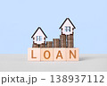 Wooden blocks with the word loan, stacks of coins symbolizing an upward graph, and wooden houses. Personal loan assessment. Car, house, personal money loan concept. 138937112