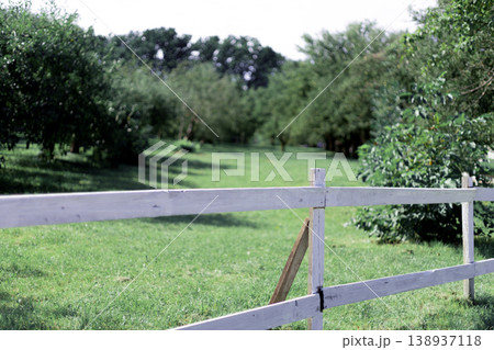 White Wooden Fence Bordering a Serene Green Field White Wooden Fence Bordering a Serene Green Field 138937118