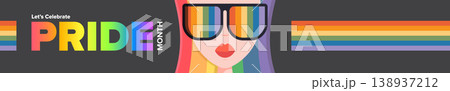 Pride Month rock star girl wide horizontal banner. Rainbow sunglasses and lightning earrings with Celebrate Pride Month text. Vector woman for LGBTQ community diversity and social media. Pride Month rock star girl wide horizontal banner. Rainbow sunglasses and lightning earrings with Celebrate Pride Month text. Vector woman for LGBTQ community diversity and social media. 138937212