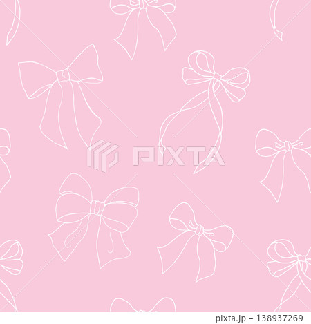 Vector seamless pattern with white bows and long ribbons. Graphic festive gift, hand drawn illustration on pink background. Botanical and wedding, christmas, baby clip art. For greeting card Vector seamless pattern with white bows and long ribbons. Graphic festive gift, hand drawn illustration on pink background. Botanical and wedding, christmas, baby clip art. For greeting card 138937269