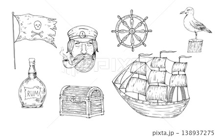 Vector wind sail boat. Hand painted linear fishing ship illustration. Graphic monochrome sketch isolated on background. For designers, prints, logo, icon, menu, postcards, holiday, cover 138937275