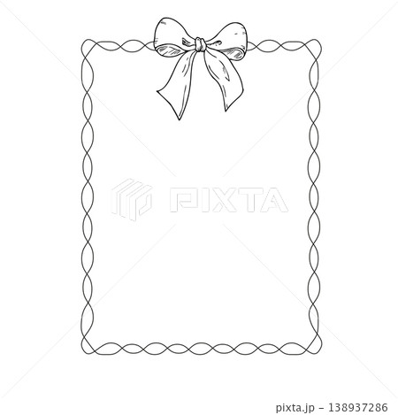 Vector bow with long ribbon frame, template, logo. Graphic festive gift postcard, hand drawn illustration isolated on background. Botanical and wedding, baby clip art. For greeting card, wallpaper 138937286