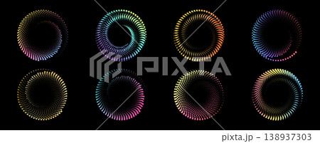 Abstract spiral pattern with vibrant rainbow gradients and dynamic circular motion. Modern geometric design with neon dots creating mesmerizing radial spiral effect. 138937303