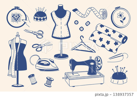 Sewing tools and accessories collection. Set of sewing icons. Blue sketch. Sewing tools and accessories collection. Set of sewing icons. Blue sketch. 138937357
