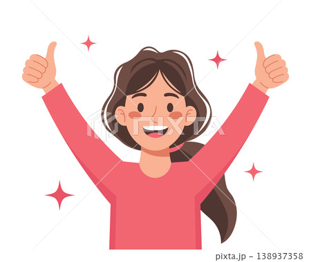 Happy young woman with thumbs up in victory celebration. Illustration. 138937358