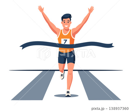 Happy man in sportswear crossing finish line. Victory celebration. Illustration. 138937360