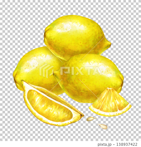 Hand-painted watercolor composition with bright ripe lemons, whole and sliced slices and seeds on an isolated background. 138937422
