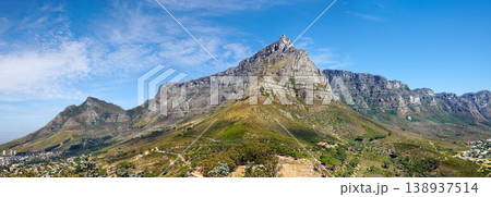 Panoramic landscape view of the majestic Table Mountain, Cape Town, South Africa. Beautiful scenery of a popular tourist attraction, destination and national landmark with cloudy blue sky copy space 138937514