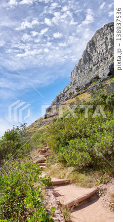 Beautiful mountain trail on sunny summer day. Rocky area next to colourful plants. Isolated natural space in Table Mountain National park on Lions Head in Cape Town South Africa Beautiful mountain trail on sunny summer day. Rocky area next to colourful plants. Isolated natural space in Table Mountain National park on Lions Head in Cape Town South Africa 138937536