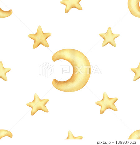 Star and moon pattern. Seamless pattern with Gold watercolor stars and half moon. Watercolor illustration of stars for kids goods, kids wallpaper, wrapping paper. Children's wallpaper with a night sky 138937612