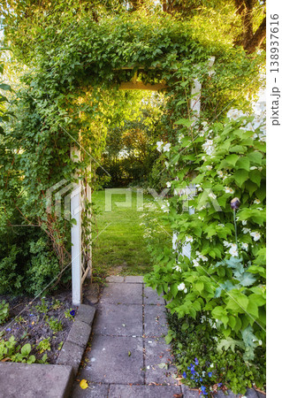 Big outside door in nature to beautiful garden. Decorative neglected arched iron entrance to grass, plants, stone, lush greenery and trees. Busy over grown path with entangled roots on a sunny day. 138937616