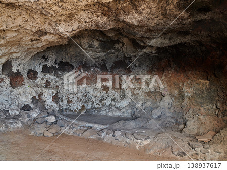 Abandoned old cave and secret underground tunnel formed from molten lava and igneous rock after a volcanic eruption in Los Llanos, La Palma, Spain. Ancient ruins with hidden stone chamber and cavern 138937617