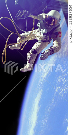 Astronaut, person in outer space and Earth, universe and aerospace with cable, engineering and galaxy exploration. Universe, globe and planet with mission, cosmos and floating in no gravity in suit 138937654